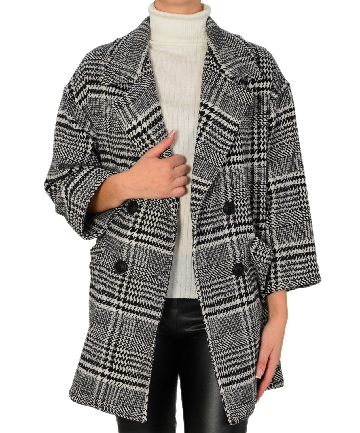 Γυναικείο παλτό καρό ασπρόμαυρο με ζακάρ μοτίβο Brown Sugar 013905032